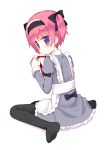  apron black_legwear blush copyright_request dress feet from_behind hair_ribbon hairband kneeling looking_back maid meito_(artist) meito_(maze) pantyhose pink_hair purple_eyes ribbon short_hair short_twintails solo twintails violet_eyes 