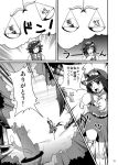  cat cat_ears cat_tail chen comic ear_piercing greyscale hat kawasumi_yuuto monochrome multiple_tails piercing running scale tail thinking touhou translated translation_request 