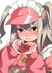  1girl absurdres apron blonde_hair blush breasts commentary_request fate/grand_order fate_(series) frilled_hat frills hat heart heart_hands highres illyasviel_von_einzbern illyasviel_von_einzbern_(academy_outfit) jacket long_hair long_sleeves looking_at_viewer neriyumeyuna open_mouth pink_hat pink_jacket red_eyes sidelocks small_breasts solo stuffed_toy two_side_up visor_cap white_apron 