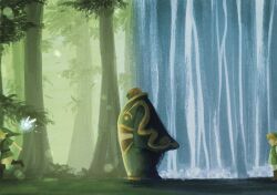  beard blonde_hair dark_skin faceless facial_hair fairy forest full_body ganondorf gerudo green_hat green_tunic hat highres leaf link mulsu_ww multiple_boys nature navi ocean pastel_colors phrygian_cap robe standing the_legend_of_zelda the_legend_of_zelda:_ocarina_of_time the_legend_of_zelda:_the_wind_waker toon_link tree tunic very_long_ears water waterfall young_link 