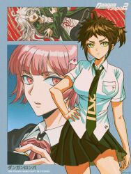  1boy 2girls ahoge breasts brown_hair collared_shirt danganronpa_(series) danganronpa_2:_goodbye_despair dress_shirt flipped_hair genderswap genderswap_(ftm) genderswap_(mtf) green_necktie grey_hair hair_ornament highres hinata_hajime hlam126 jacket komaeda_nagito large_breasts long_hair long_sleeves medium_hair multiple_girls nanami_chiaki neck_ribbon necktie open_clothes open_jacket pink_eyes pink_ribbon ribbon shirt skirt white_shirt 