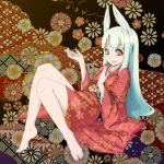  animal_ears barefoot bunny_ears copyright_request feet japanese_clothes kimono kiseru long_hair lying new_year pipe red_eyes solo toshipon white_hair 