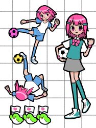  1girl 9648gin ball bird blue_shorts blue_socks blunt_bangs bow bowtie carrying carrying_under_arm clenched_hand closed_mouth collared_shirt commentary_request flag full_body grey_skirt grid_background hair_ornament hairclip hand_up high_kick highres holding holding_ball kicking kneehighs looking_at_viewer medium_hair multiple_views pink_bow pink_bowtie pink_eyes pink_hair pink_ribbon rhythm_tengoku rhythm_tengoku_miracle_stars ribbon shirt shoes short_hair short_sleeves shorts skirt smile sneakers soccer soccer_ball soccer_uniform socks sora_(rhythm_tengoku) sportswear standing standing_on_one_leg sweatband sweater_vest telstar vest white_background white_shirt wristband 
