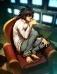  armchair bags_under_eyes barefoot biting chain chained chains checkered checkered_floor couch cuffs death_note face feet feet_on_chair genzoman handcuffs hands jeans l male solo sweater television thumb_biting 