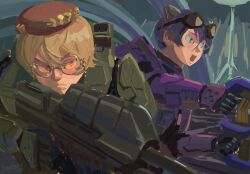  2girls aiming armor assault_rifle black-framed_eyewear blonde_hair bullpup clio_aite clio_aite_(clio_2.0) commentary dated double-parted_bangs dual_wielding energy_gun english_commentary eyewear_strap frown glasses goggles goggles_on_head green_armor grey_eyes gun hair_between_eyes hair_ornament halo_(series) halo_2 headset highres holding holding_gun holding_weapon indie_virtual_youtuber jean_faymas_(vtuber) kanokoga ma5 multiple_girls orange_eyes phase_connect plasma_pistol power_armor purple_armor purple_hair rifle round_eyewear short_hair sidelocks signature spartan_(halo) upper_body vershion weapon x_hair_ornament 