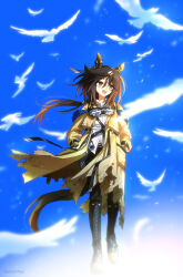  1girl absurdres animal_ears bird black_boots black_hair black_pants blue_sky boots brown_eyes brown_hair coat commentary didi_(whaqlrpwjd) ear_covers goggles goggles_around_neck hair_between_eyes hands_in_pockets highres horse_ears horse_girl horse_tail long_hair multicolored_hair open_mouth pants shirt sky smile solo stay_gold_(sunlit_outsider)_(umamusume) stay_gold_(umamusume) tail umamusume white_hair white_shirt wrist_belt yellow_coat 