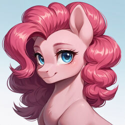  1:1 1girl ai-generated animal_ears blue_background blue_eyes closed_mouth curly_hair digital_media eyebrows eyelashes female furry furry_female gradient gradient_background horse horse_ears horse_girl long_hair looking_at_viewer melodyriver my_little_pony pink_body pink_hair pinkie_pie pony_(animal) self_upload shiny shiny_hair simple_background smile solo upper_body 
