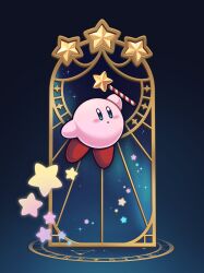 :o blue_background blue_eyes blush blush_stickers cage candy candy_cane colored_skin commentary copy_ability english_commentary food full_body gradient_background highres holding holding_wand kirby kirby_(series) magic_circle no_humans pink_skin poxamarquinhos simple_background solo star_(sky) star_(symbol) wand 