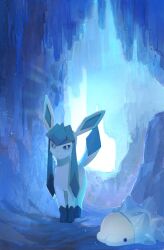  blue_eyes blue_fur cave commentary glaceon highres ice larva n29w97zptb67768 no_humans pokemon pokemon_(creature) pokemon_focus snom solid_circle_eyes standing tail untranslatable_commentary 