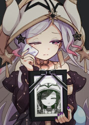  1girl commentary_request crystal_ball earrings hair_ornament highres holding holding_picture_frame holding_tissue hood jewelry kyukyutto_(denryoku_hatsuden) magical_girl mahou_shoujo_ikusei_keikaku mahou_shoujo_ikusei_keikaku_red multicolored_hair one_eye_closed picture_frame pity_frederica purple_nails spoilers star_ornament tears tissue 