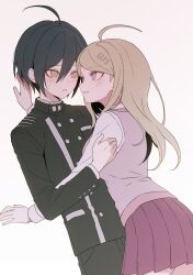  1boy 1girl absurdres ahoge akamatsu_kaede black_hair black_jacket blonde_hair breasts brown_eyes collared_shirt commentary danganronpa_(series) danganronpa_v3:_killing_harmony hair_between_eyes hair_ornament highres jacket kn0309dg large_breasts long_hair long_sleeves musical_note musical_note_hair_ornament pants pleated_skirt saihara_shuichi shirt short_hair skirt striped_clothes sweater_vest untranslatable_commentary white_shirt 