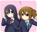  bad_id black_hair brown_eyes brown_hair hairstyle_switch hirasawa_yui k-on! long_hair nakano_azusa naru_(andante) red_eyes school_uniform short_hair twintails 