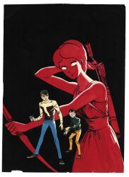  1960s_(style) 1girl 2boys arm_behind_head arm_up arrow_(projectile) bare_arms black_background black_eyes black_hair blank_eyes blue_pants border bow_(weapon) brown_shoes brown_sweater character_request closed_mouth drawing_arrow dress finger_on_trigger green_sweater gun handgun highres holding holding_arrow holding_bow_(weapon) holding_gun holding_weapon kaiki_daisakusen kuwata_jirou maki_shirou multiple_boys nomura_hiroshi official_art open_mouth orange_pants outstretched_arm painting_(medium) pants projected_inset quiver retro_artstyle sash scared shoes sideways_glance simple_background sleeveless sleeveless_dress standing sweater third-party_source traditional_media weapon white_border wide-eyed 