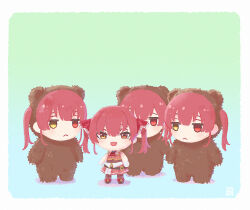  4girls a-ka animal_costume arms_at_sides bear_costume blue_background border clone closed_mouth commentary_request deformed dual_persona fang full_body heterochromia hololive houshou_kumarine houshou_marine houshou_marine_(1st_costume) long_hair looking_at_viewer multiple_girls no_nose open_mouth red_eyes red_hair sidelocks simple_background skirt sleeveless standing twintails virtual_youtuber white_border yellow_eyes 