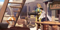  1boy 2girls ahoge aiming aqua_capelet barrel black_boots black_hair black_pants blonde_hair boots brown_coat brown_hat brown_pants cape capelet cat coat collared_shirt commentary cowboy_western curtained_hair dotr_art gun handgun hat highres holding holding_gun holding_weapon long_hair meryl_stryfe milly_thompson multiple_girls necktie pants pointing_with_thumb red_necktie saloon_doors shirt short_hair shotgun sign stairs trigun untranslatable_commentary weapon white_cape white_shirt yellow_coat 