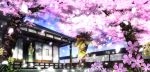  cherry_blossoms floating flower hair_flower hair_ornament japanese_clothes long_hair long_image obi original petals porch scenery spring spring_(season) tottome tree veranda wide_image 