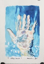 1other absurdres ambiguous_gender blue_background border commentary dated english_commentary hand_focus highres katayama_joe open_hand original out_of_frame refraction traditional_media underwater white_border 