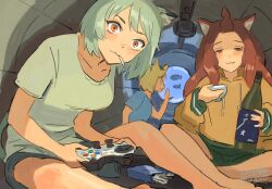  2023_titan_submersible_incident 3girls :3 animal_ears black_hair blonde_hair bottle breasts cat_ears cat_girl cigar cigarette commentary controller dated english_commentary etsushimaru_yakuko game_controller green_shorts grey_hair highres holding holding_bottle holding_cigar holding_controller holding_game_controller hood hoodie indian_style kanokoga medium_breasts multicolored_hair multiple_girls orange_hoodie roots_(hair) sakai_aruko sake_bottle satou_yaniko shorts signature sitting submarine titan_(submersible) two-tone_hair watercraft window yani_neko 