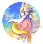  blonde_hair blue_eyes bow cape chiyo_(195815) cloud clouds dress filia_ul_copt gloves hat long_hair lowres mace ribbon shoes sky slayers slayers_try smile solo spiked_mace tail tiara weapon wink 