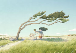  1girl aoicancerius black_hair closed_eyes commentary dog english_commentary highres hound original petals pinwheel plain rock rural scenery shorts slice_of_life sweater tree wind wind_lift windmill 