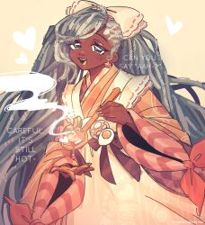  1girl alternate_skin_color apron aqua_eyes aqua_hair dark-skinned_female dark_skin food fork_hair_ornament hair_ornament hatsune_miku highres holding japanese_clothes kimono long_hair long_sleeves orange_kimono smile solo spoon_hair_ornament talentlesshuman twintails very_long_hair vocaloid white_apron wide_sleeves yuki_miku yuki_miku_(2024) 