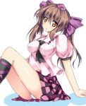  blush bow brown_eyes brown_hair checkered checkered_skirt hair_bow hair_ribbon hat himekaidou_hatate impossible_clothes impossible_clothing impossible_shirt midori-shiki open_mouth panties pantyshot pantyshot_(sitting) pantyshot_sitting purple_ribbon ribbon shirt sitting skirt solo tokin_hat touhou twintails underwear white_panties 