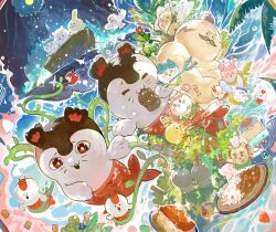  =_= alchemaniac berry bird blush_stickers boat cage chaotic_scene chibi chibi_only chiikawa chiikawa_(character) cloak clone commentary crossed_arms curry dutch_angle english_commentary facial_hair fins fish_tail flower food furuhonya garland_(decoration) grass_skirt hachiware_(chiikawa) highres holding holding_hands holding_polearm holding_weapon hula innertube jellyfish kuri_manjuu_(chiikawa) merfolk mermaid mermaid_(chiikawa) momonga_(chiikawa) monster_girl moon mouth_hold mustache no_humans note palm_tree plant polearm rakko_(chiikawa) red_eyes rice rowboat scales scar scar_on_face scene_reference shisa_(chiikawa) siren_(chiikawa) soup_ladle sparkle swim_ring sword tail tree turn_pale usagi_(chiikawa) vines water water_drop watercraft waves weapon whiskers 