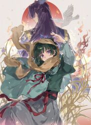  1boy 1girl bird blue_bow blue_robe bow chinese_clothes commentary dove green_hair green_robe hair_bow hair_ornament hair_stick hand_up highres jinshi_(kusuriya_no_hitorigoto) kusuriya_no_hitorigoto long_hair maomao_(kusuriya_no_hitorigoto) purple_hair red_ribbon red_sun ribbon robe untranslatable_commentary violet_eyes yuikisezu 