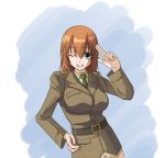  blue_eyes brown_hair charlotte_e_yeager military military_uniform panties solo strike_witches underwear uniform wink 