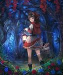  big_bad_wolf_(grimm) black_hair blue_rose bread fairy_tales flower food forest from_behind lantern little_red_riding_hood little_red_riding_hood_(grimm) looking_back nature nigoro red_eyes red_rose rose short_hair tree 