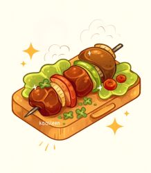  artist_name cherry_tomato commentary cutting_board english_commentary food food_focus highres kaaileen lettuce meat no_humans original shish_kebab simple_background skewer sparkle tomato white_background 