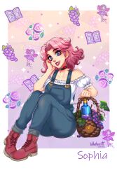  1girl absurdres bare_shoulders basket blue_choker blue_overalls boots bottle character_name choker collarbone earrings fairy fingernails food frilled_sleeves frills fruit full_body grapes highres holding holding_basket jewelry leaf lips looking_at_viewer medium_hair overalls pink_hair red_boots shirt short_sleeves signature solo sophia_(stardew_valley) stardew_valley stardew_valley_expanded velvet_queen_h violet_eyes wavy_hair white_shirt wine_bottle 
