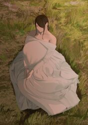  1girl absurdres bare_shoulders black_hair breasts closed_mouth commentary curvy_black-haired_girl_(tnr) dress grass hair_bun hair_over_one_eye highres huge_breasts off-shoulder_dress off_shoulder on_ground original red_eyes sitting sleeveless sleeveless_dress solo strapless strapless_dress tnr_(horiko1525) white_dress 