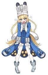  1girl blonde_hair blue_jacket commentary_request gloves grey_hat grey_shoes hat highres jacket large_hat long_hair looking_at_viewer norma_hollowell open_mouth sashimi_nasu shako_cap shoes simple_background solo thigh-highs violet_eyes white_background white_gloves white_thighhighs zenless_zone_zero 
