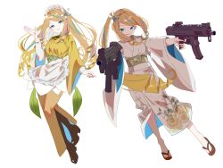  1girl aiming apron aqua_streaks blonde_hair blue_eyes boots brooch brown_boots buttons call_of_cthulhu closed_mouth commentary double-breasted drill_hair drill_sidelocks dual_wielding floral_print floral_print_kimono flower food_print frilled_apron frills fruit_print full_body gun hair_flower hair_ornament hand_up highres holding holding_gun holding_weapon japanese_clothes jewelry kimono leaf_ornament lemon_blossoms lemon_print long_hair long_sleeves looking_at_viewer maid maid_headdress multicolored_hair multiple_views nakasaaisakaika open_hand outstretched_arms print_kimono purple_streaks ringlets sandals sash shiki_okuri shirt shirt_under_kimono side_drill sidelocks simple_background single_drill smile standing streaked_hair submachine_gun swept_bangs very_long_hair wa_maid waist_apron waist_sash weapon white_apron white_background white_flower white_kimono white_shirt wide_sleeves yellow_kimono yukata zouri 