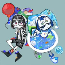  2girls alternate_costume arrow_(symbol) asymmetrical_gloves balloon black_hair blue_hair blush checkered_sleeves clownfish eye_print fish frutiger_aero gloves highres jester microsoft_windows mismatched_gloves multiple_girls musical_note play_button pomni_(the_amazing_digital_circus) shorts sssw33tt suspender_shorts suspenders the_amazing_digital_circus weirdcore 
