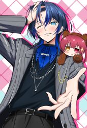  2girls absurdres animal_costume bear_costume belt black_belt black_pants blue_eyes blue_hair chibi commentary_request earclip flat_chest grey_jacket hand_on_own_head highres hiodoshi_ao hololive hololive_dev_is houshou_kumarine houshou_marine jacket jewelry mole mole_under_mouth multiple_girls multiple_necklaces necklace pants plaid_background red_eyes red_hair reverse_trap striped_clothes striped_jacket takaiwaeitoku vertical-striped_clothes vertical-striped_jacket virtual_youtuber yellow_eyes 