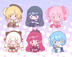 6+girls :d akemi_homura akemi_homura_(magical_girl) bandaged_head bandages black_hair blonde_hair blue_boots blue_eyes blue_hair blush_stickers boots bow bowtie braid brown_boots brown_eyes chibi chibi_only closed_mouth commentary_request double-parted_bangs dress fortissimo full_body gloves hair_ornament hairclip holy_quintet kaname_madoka kaname_madoka_(magical_girl) long_hair looking_at_viewer magical_girl mahou_shoujo_madoka_magica mahou_shoujo_madoka_magica:_walpurgis_no_kaiten miki_sayaka miki_sayaka_(magical_girl) miya_(1mymiya) momoe_nagisa momoe_nagisa_(magical_girl) multiple_girls musical_note musical_note_hair_ornament open_mouth orange_boots orange_dress pink_bow pink_bowtie pink_eyes pink_hair pink_skirt purple_eyes red_dress red_hair sakura_kyoko sakura_kyoko_(magical_girl) shirt short_hair short_twintails sidelocks sitting skirt sleeveless sleeveless_shirt smile solid_oval_eyes tomoe_mami tomoe_mami_(magical_girl) twin_braids twintails very_long_hair white_gloves white_hair white_shirt