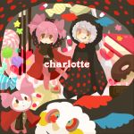  blush_stickers brown_eyes candy charlotte_(madoka_magica) cloak cookie doughnut dual_persona food hood mahou_shoujo_madoka_magica multicolored_eyes multiple_persona nisi888 personification pink_hair pocky sweets tongue white_hair wings 