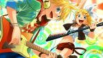  artist_request blonde_hair blue_eyes bracelet casual earrings guitar hair_bow hairclip happy headphones highres jacket kagamine_len kagamine_rin keytar midriff navel necklace open_mouth short_hair shorts twins vest vocaloid 