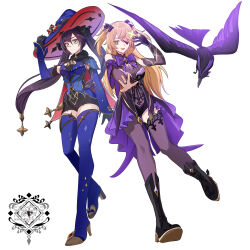  2girls bare_shoulders black_bow black_gloves black_hair black_leotard black_sleeves blonde_hair blue_hat blue_leotard blue_sleeves blue_thighhighs bow bowtie breasts brown_sleeves brown_thighhighs commentary_request eyepatch fischl_(genshin_impact) genshin_impact gloves green_eyes hair_bow hair_over_one_eye hair_ribbon hat high_heels highres hiki_yuichi jewelry leotard long_hair medium_breasts mona_(genshin_impact) multiple_girls open_mouth oz_(genshin_impact) pantyhose purple_bow purple_bowtie ribbon single_glove sparkle_print thigh-highs twintails witch_hat 