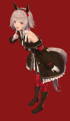  1girl absurdres animal_ears bare_shoulders black_boots black_hairband blush boots bow breasts coat commentary curren_chan_(fille_eclair)_(umamusume) curren_chan_(umamusume) dress ear_bow ear_covers finger_to_own_chin gloves grey_hair hairband highres horse_ears horse_girl horse_tail leaning_forward long_sleeves looking_at_viewer nao_toyooooo off-shoulder_coat off-shoulder_dress off-shoulder_jacket off_shoulder open_mouth red_background red_bow red_thighhighs short_hair simple_background smile solo striped_clothes striped_dress tail thigh-highs umamusume vertical-striped_clothes vertical-striped_dress violet_eyes white_gloves 