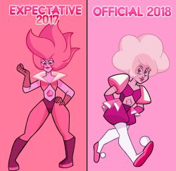  2017 2018 2girls alternate_costume alternate_hairstyle canon_and_design_speculation colored_skin design_speculation diamond-shaped_pupils diamond_(shape) gem gem_(steven_universe) gloves highres lips multiple_girls pink_diamond_(steven_universe) pink_eyes pink_gem pink_gloves pink_hair pink_skin puffy_sleeves rebecca_sugar_(style) shorts smile steven_universe stomach_jewel symbol-shaped_pupils thediamond637 