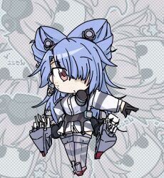  atlanta_(kancolle) black_gloves blue_hair boots chibi full_body garter_belt garter_straps gloves hair_over_one_eye headgear kantai_collection pointy_hair red_eyes reno_(kancolle) rigging shiki_kyouzoku shirt solid_oval_eyes solo_focus standing star_on_cheek striped_clothes striped_shirt thigh_boots 
