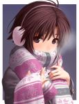 1girl black_eyes blue_eyes blush breath brown_hair bust cold covered_mouth earmuffs face hands hided_mouth idolmaster kikuchi_makoto nekopuchi portrait scarf simple_background smile solo winter_clothes