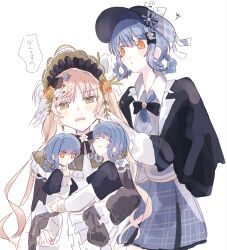 2girls bird_hat_ornament black_bow black_bowtie black_capelet black_flower black_hat black_rose blonde_hair blue_hair blue_necktie blue_skirt bonnet bow bow_flower bowtie braid braided_hair_rings capelet classic_lolita clone collared_shirt commentary_request contrast_collar deerstalker dress flower frilled_capelet frilled_dress frilled_sleeves frills green_bonnet green_eyes grey_vest hair_bow hair_flower hair_ornament hair_rings hat hat_bow highres holding holding_mini_person lolita_fashion long_hair long_sleeves mahou_shoujo_no_majo_saiban mini_person minigirl mopumopu107 multiple_girls necktie plaid_clothes plaid_skirt rose shirt short_hair simple_background skirt speech_bubble squiggle tachibana_sherry tono_hanna translation_request tulip twintails vest white_background white_flower white_rose white_shirt white_tulip wide_sleeves winged_hat yellow_eyes yellow_flower yellow_rose yuri