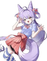  1girl :3 absurdres ahoge animal_ears bike_shorts bike_shorts_under_skirt blue_eyes blue_shirt blue_thighhighs bow breasts claw_pose commentary_request cone_hair_bun double_bun fake_animal_ears fang fluffy_tail fox_ears fox_girl fox_tail hair_bun hair_ears hair_intakes hair_ornament hair_rings heterochromia highres korean_commentary long_hair long_sidelocks looking_at_viewer miniskirt multicolored_eyes multicolored_thighhighs omyomyo1234 open_mouth pink_pupils pom_pom_(clothes) pom_pom_hair_ornament purple_hair purple_tail red_bow red_ribbon red_skirt ribbon ribbon-trimmed_skirt ribbon_trim shirt short_sleeves sidelocks simple_background skirt skirt_bow small_breasts solo stellive striped_clothes striped_thighhighs tail tenko_shibuki tenko_shibuki_(1st_costume) thigh-highs two-tone_tail two-tone_thighhighs very_long_hair virtual_youtuber white_background white_tail white_thighhighs yellow_eyes yellow_pupils zettai_ryouiki 