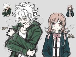  1boy 1girl breasts brown_hair collared_shirt commentary danganronpa_(series) danganronpa_2:_goodbye_despair english_commentary flipped_hair green_jacket grey_hair hair_between_eyes hair_ornament highres hlam126 hood hooded_jacket jacket komaeda_nagito large_breasts long_sleeves looking_at_viewer medium_hair messy_hair nanami_chiaki neck_ribbon open_clothes open_jacket pink_eyes pink_ribbon pout print_shirt ribbon shirt smile white_hair white_shirt 