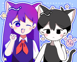  1boy 1girl animal_ears antenna_hair black_eyes black_hair black_tank_top blue_background blue_outline blush bright_pupils brother_and_sister cat_boy cat_ears cat_girl cat_tail collared_shirt colored_skin commentary_request double-parted_bangs fang hair_between_eyes highres hoshidashiki kemonomimi_mode long_hair looking_at_viewer mari_(headspace)_(omori) mari_(omori) neckerchief omori omori_(omori) one_eye_closed outline purple_hair purple_sweater_vest red_neckerchief shirt short_hair short_sleeves siblings simple_background smile sweater_vest tail tank_top violet_eyes white_outline white_pupils white_skin 