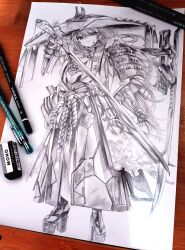  absurdres armor art_tools_in_frame closed_mouth commentary_request dress eraser full_body goddess_of_victory:_nikke graphite_(medium) greyscale hat highres japanese_armor jingasa long_hair long_sleeves looking_at_viewer monochrome nerin_ekaki official_alternate_costume okobo platform_sandals sandals scarlet_(nikke) socks sword tabi traditional_media weapon 